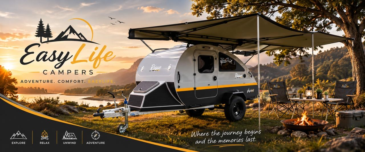 EasyLife Campers camper trailer set up outdoors at sunset